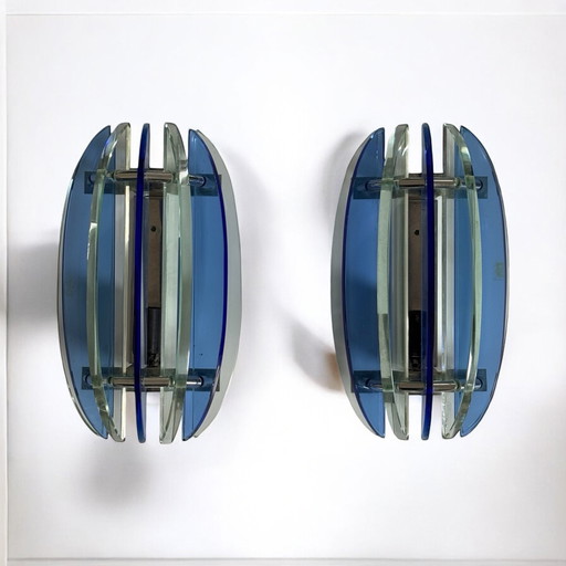 Sublime Pair Of Veca Fontana Arte 1960 Blue Italian Wall Lights