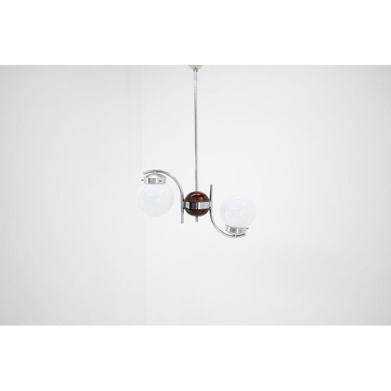 Image 1 of Lampadario vintage art déco in vetro, metallo e legno, Cecoslovacchia 1930