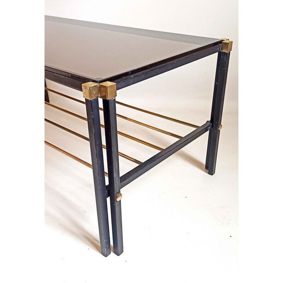 Image 1 of Vintage coffee table with magazine holder in smoked glass, metal and brass, 1960
