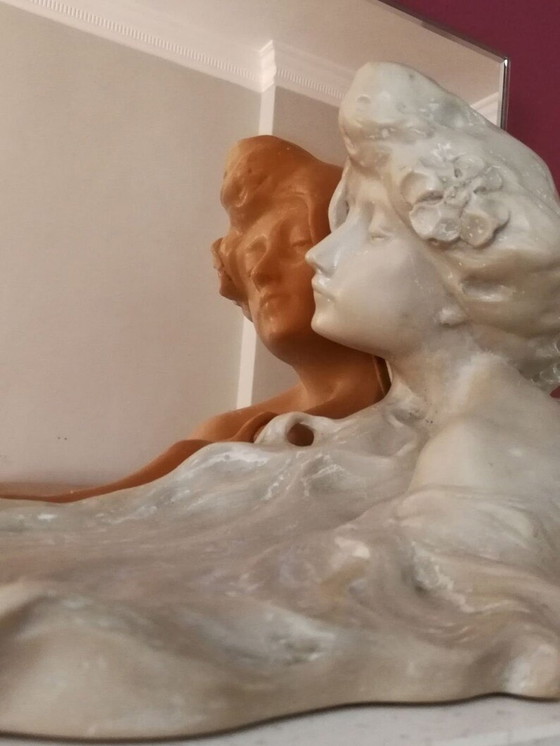 Image 1 of Art Nouveau Sculpture With Pink Mirror By Lambert Escaler