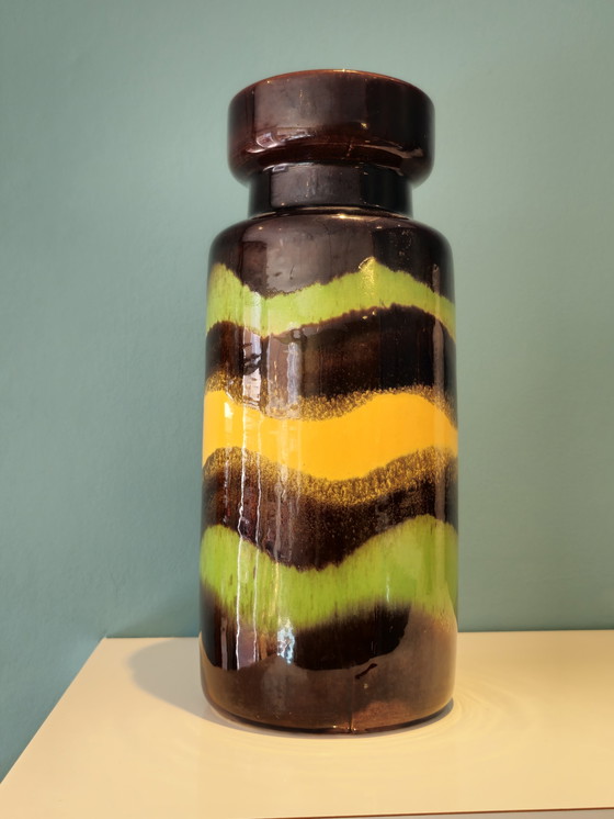 Image 1 of Vintage Scheurich West Germany Vase Green Yellow Brown