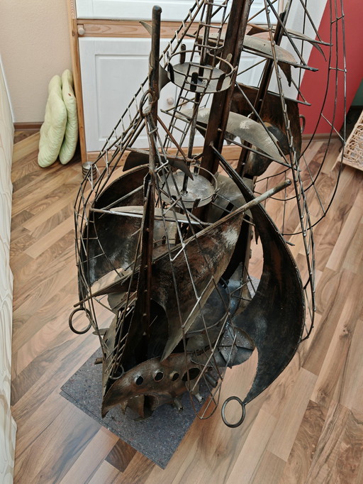 Sculpture 4 masts sailing ship metal, unique piece, one of a kind