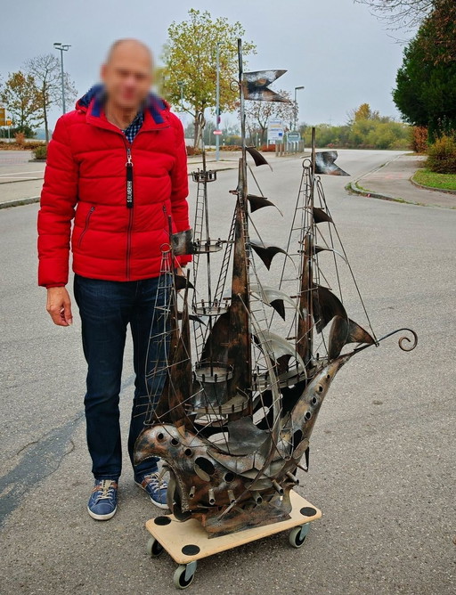 Sculpture 4 masts sailing ship metal, unique piece, one of a kind