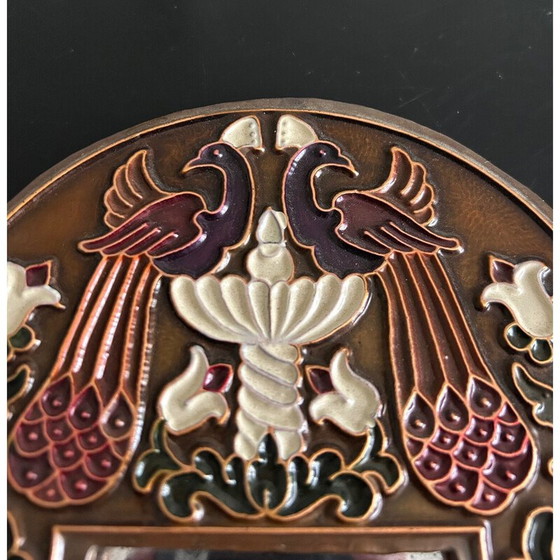 Image 1 of Vintage enameled embossed metal mirror with bird decoration, 1970