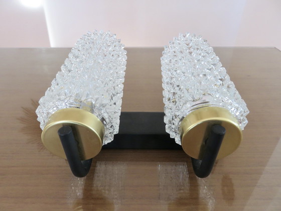 Image 1 of Double Arlus Wall Lamp In Metal And Diamond Point Glass 50s 60s