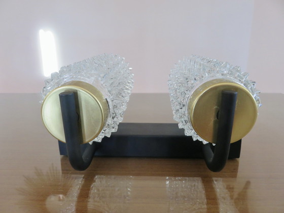 Image 1 of Double Arlus Wall Lamp In Metal And Diamond Point Glass 50s 60s