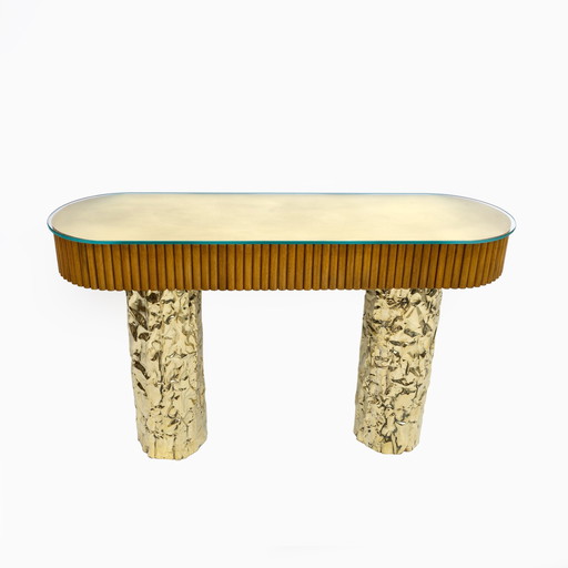 Mid-Century Style Wood And Brass Center Console, Italy, 1990S