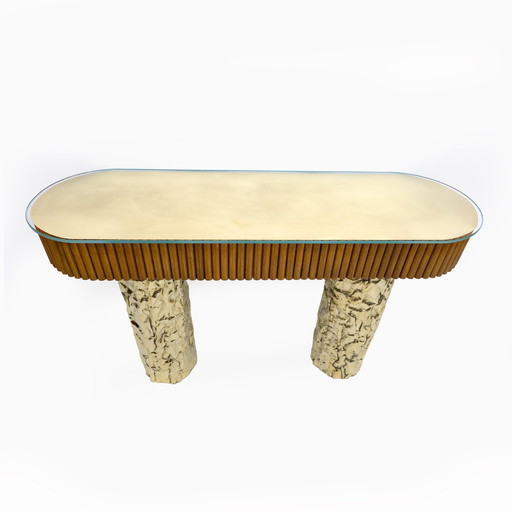 Mid-Century Style Wood And Brass Center Console, Italy, 1990S