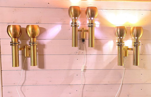 Three Large Scandinavian Brass Wall Lights, Mid-Century