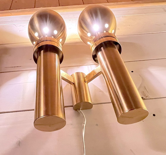 Image 1 of Three Large Scandinavian Brass Wall Lights, Mid-Century