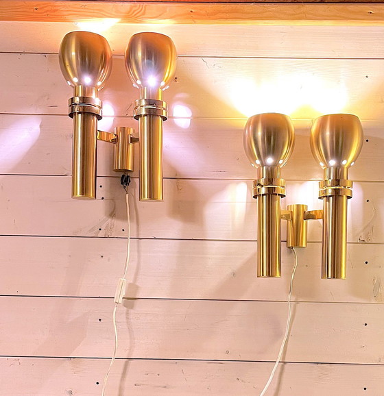 Image 1 of Three Large Scandinavian Brass Wall Lights, Mid-Century