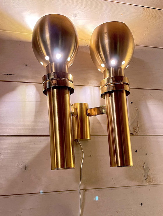 Image 1 of Three Large Scandinavian Brass Wall Lights, Mid-Century