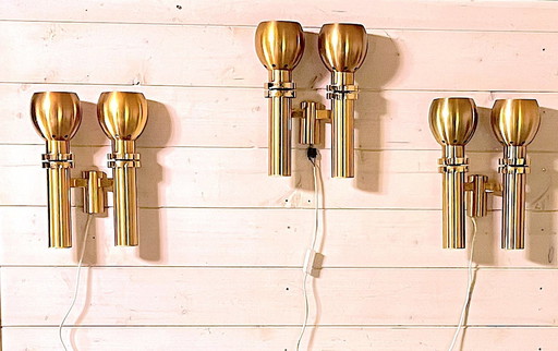 Three Large Scandinavian Brass Wall Lights, Mid-Century