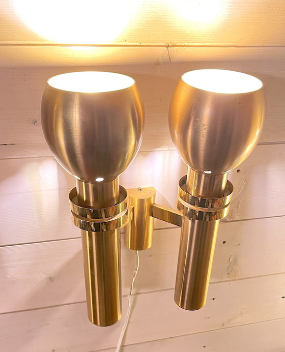 Image 1 of Three Large Scandinavian Brass Wall Lights, Mid-Century