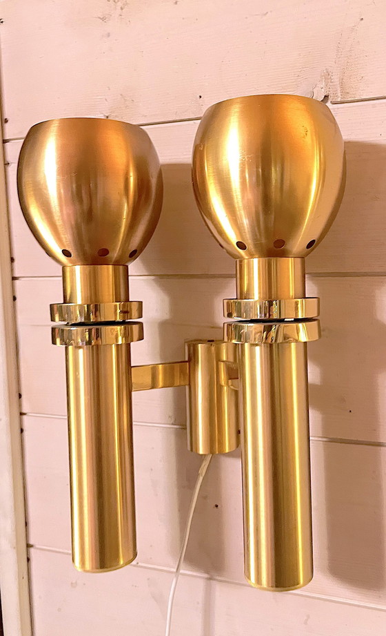 Image 1 of Three Large Scandinavian Brass Wall Lights, Mid-Century