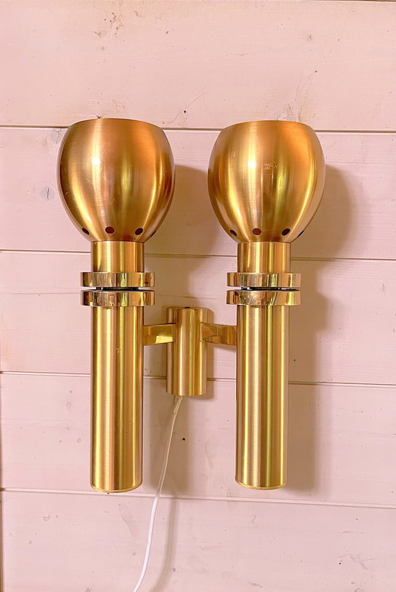 Image 1 of Three Large Scandinavian Brass Wall Lights, Mid-Century