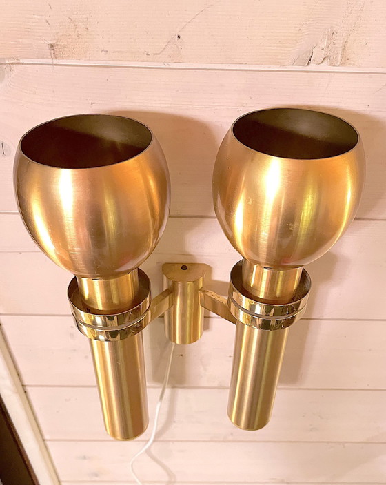 Image 1 of Three Large Scandinavian Brass Wall Lights, Mid-Century