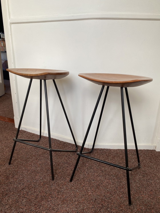 Image 1 of 2x Teak Perch Bar Stools