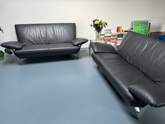 Image 1 of 2x Rolf Benz Sofa 1900 Black leather couch