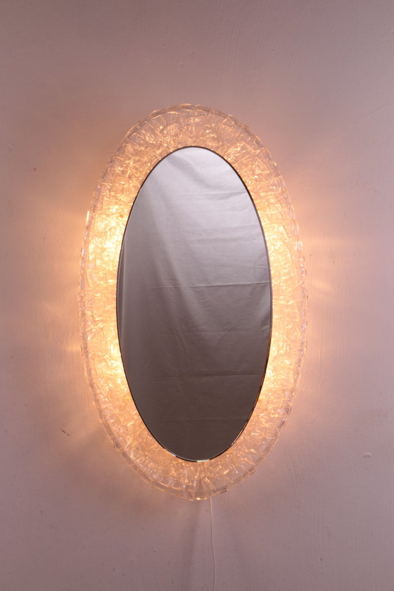 Image 1 of Large Oval Plexiglass mirror with lighting, 1960s Germany.