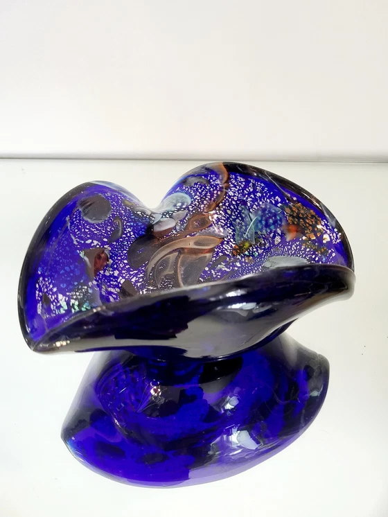 Image 1 of Murano Bowl, Tutti Frutti, Organic Design With Silver Leaves, Italy (Blue)