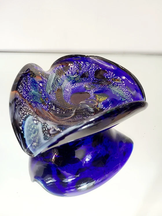 Image 1 of Murano Bowl, Tutti Frutti, Organic Design With Silver Leaves, Italy (Blue)