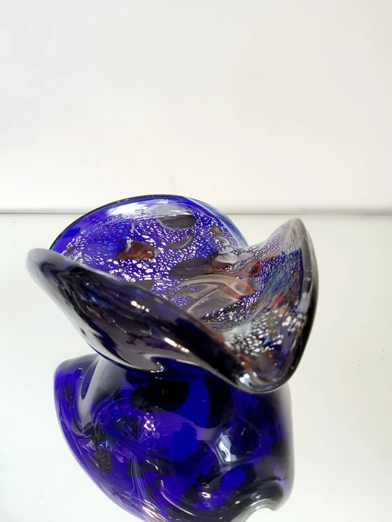 Image 1 of Murano Bowl, Tutti Frutti, Organic Design With Silver Leaves, Italy (Blue)