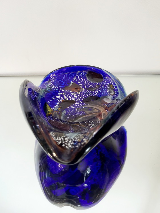 Image 1 of Murano Bowl, Tutti Frutti, Organic Design With Silver Leaves, Italy (Blue)