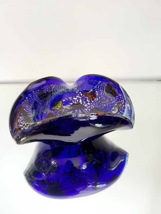 Image 1 of Murano Bowl, Tutti Frutti, Organic Design With Silver Leaves, Italy (Blue)