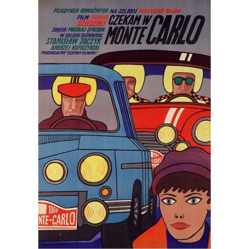 Póster polaco original de época "Esperaré en Montecarlo" de Andrzej Krajewski, 1960