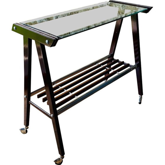 Image 1 of Vintage glass and brushed metal side table on casters by Zuenelli, 1960