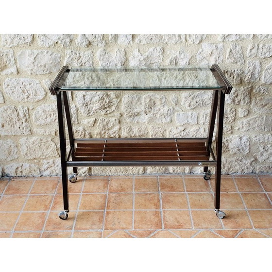 Image 1 of Vintage glass and brushed metal side table on casters by Zuenelli, 1960