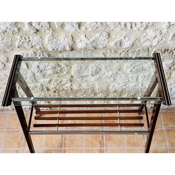 Image 1 of Vintage glass and brushed metal side table on casters by Zuenelli, 1960