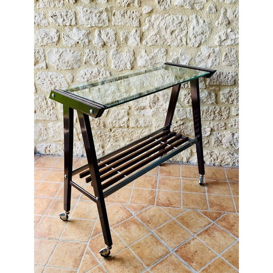 Image 1 of Vintage glass and brushed metal side table on casters by Zuenelli, 1960