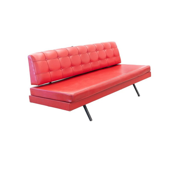 Image 1 of Vintage 3-seater sofa in red imitation leather and black iron, Italy 1970