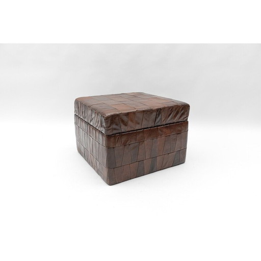 Vintage patchwork pouf in chocolate brown leather with storage space, Switzerland 1960