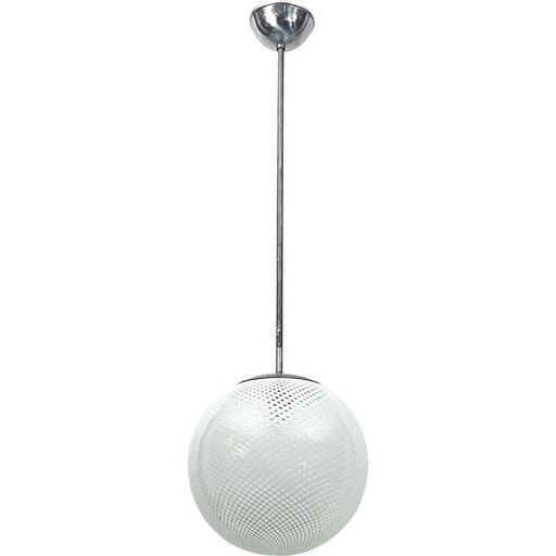 Vintage sphere pendant lamp in Murano glass and metal by Venini Reticello, Italy 1950