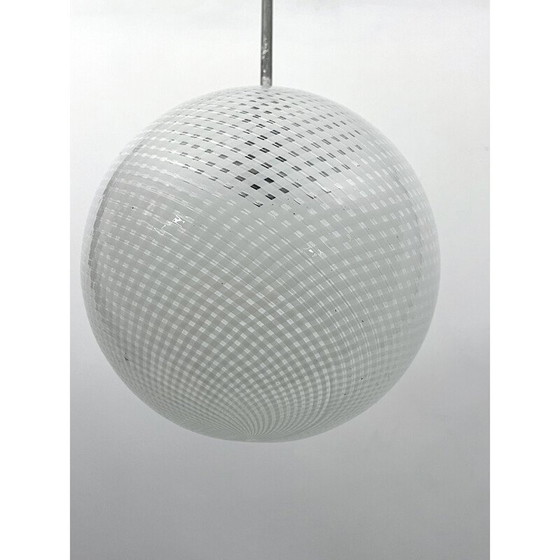 Image 1 of Vintage sphere pendant lamp in Murano glass and metal by Venini Reticello, Italy 1950