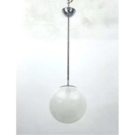 Image 1 of Vintage sphere pendant lamp in Murano glass and metal by Venini Reticello, Italy 1950