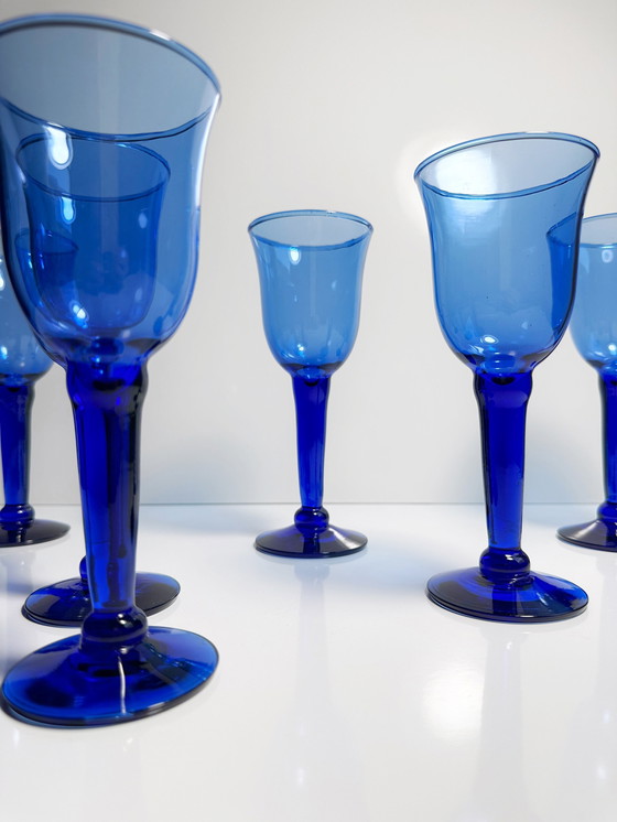 Image 1 of Vintage wine goblets water glass ultramarine cobalt blue 80s 90s