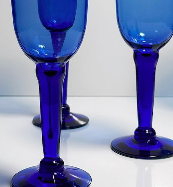 Image 1 of Vintage wine goblets water glass ultramarine cobalt blue 80s 90s