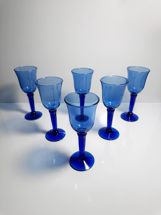 Image 1 of Vintage wine goblets water glass ultramarine cobalt blue 80s 90s