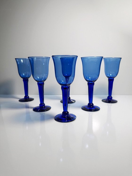 Image 1 of Vintage wine goblets water glass ultramarine cobalt blue 80s 90s