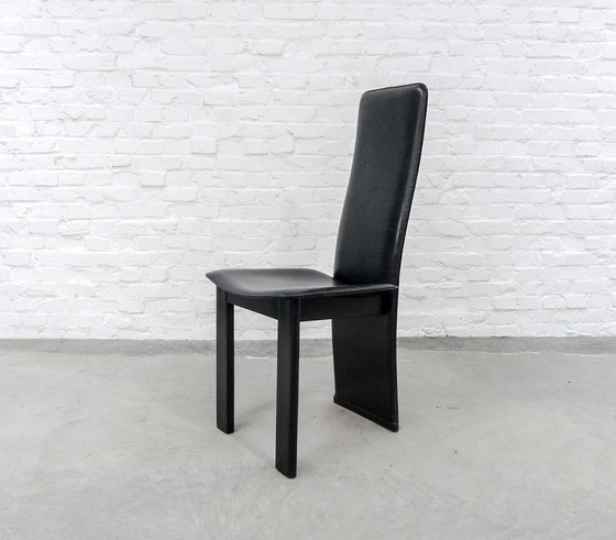 Image 1 of 4 Mid-Century black saddle leather dining room chairs with high backrest in the style of Cidue