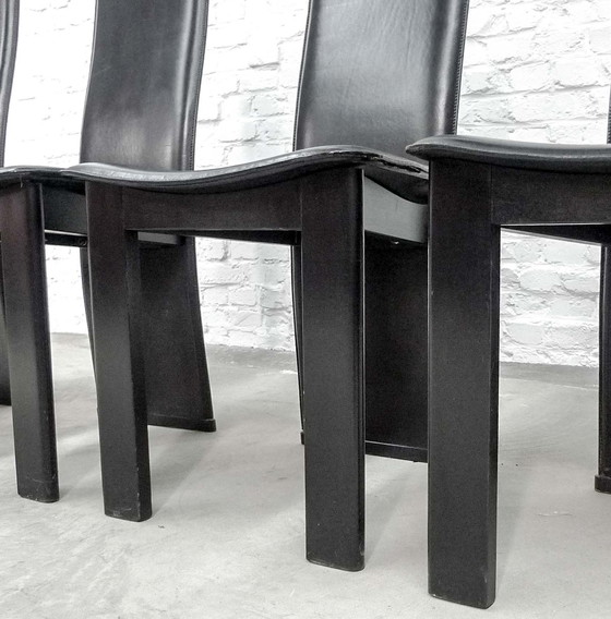 Image 1 of 4 Mid-Century black saddle leather dining room chairs with high backrest in the style of Cidue