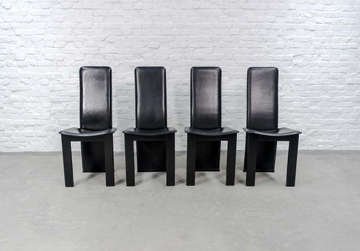 4 Mid-Century black saddle leather dining room chairs with high backrest in the style of Cidue