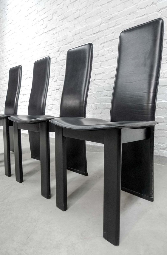 Image 1 of 4 Mid-Century black saddle leather dining room chairs with high backrest in the style of Cidue