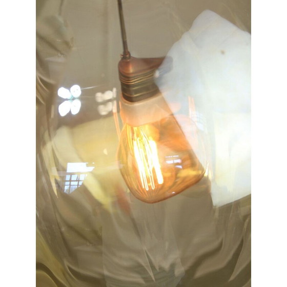 Image 1 of Yellow mid-century glass & brass globe pendant lamp