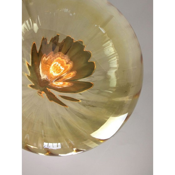Image 1 of Yellow mid-century glass & brass globe pendant lamp