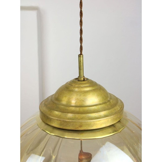 Image 1 of Yellow mid-century glass & brass globe pendant lamp